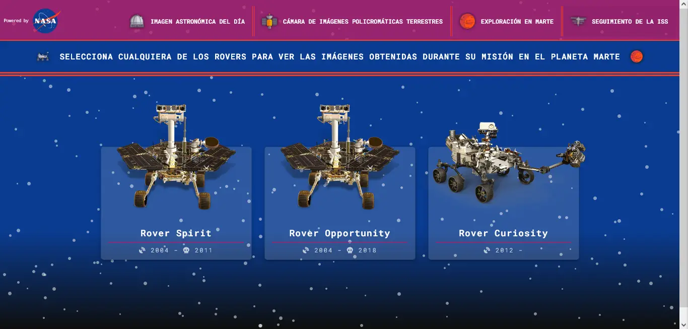 Sitio web desarrollado con Angular y TypeScript, SCSS, Bootstrap y Materialize, publicado con Firebase Hosting y conectado al catálogo de APIs de la NASA (api.nasa.gov).