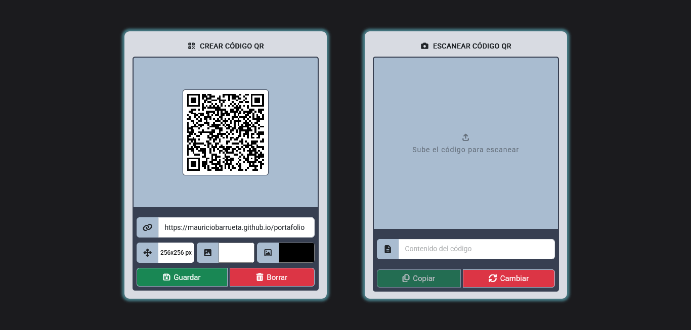 Sitio web desarrollado con JavaScript, SCSS y Bootstrap, publicado mediante GitHub Pages, utilizando la biblioteca QRCode.js para la generación y QR Code API para la lectura (goqr.me/api).