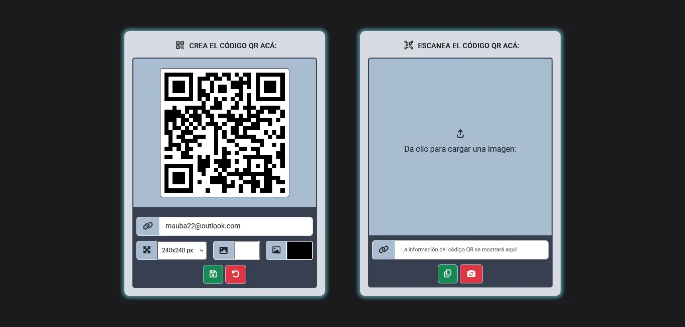 Sitio web desarrollado con JavaScript, SCSS y Bootstrap, publicado mediante GitHub Pages, utilizando la biblioteca QRCode.js para la generación y QR Code API para la lectura (goqr.me/api).