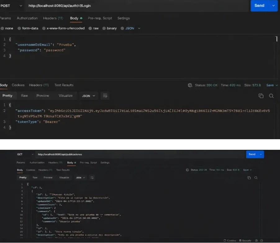Desarrollado con Java y el framework Spring, se utilizó JSON Web Token (JWT), Postman para pruebas de endpoints, conectado a una base de datos MySQL local.