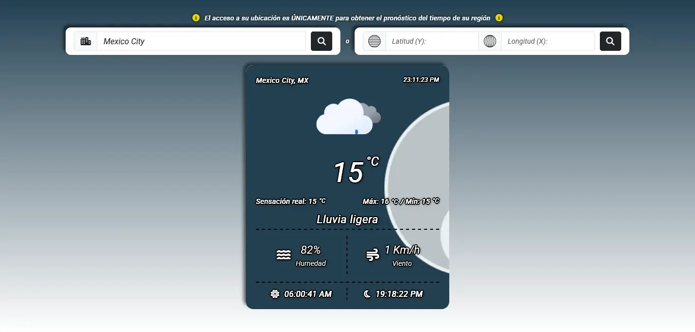 Sitio web desarrollado con JavaScript, la biblioteca jQuery, CSS y Bootstrap, publicado mediante GitHub Pages, conectado a la API de OpenWeatherMap (openweathermap.org).